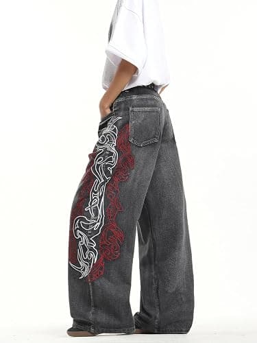 DFGIGT Men's Hip Hop Baggy Jeans Embroidered Wide Leg Skater Jeans Loose Fit Denim Pants Streetwear thumbnail 3