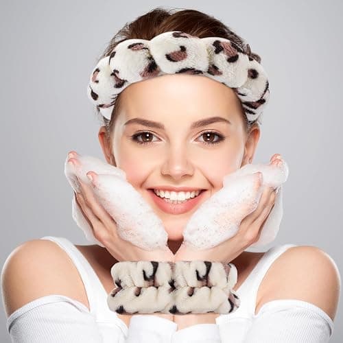 Zkptops Spa Headband for Washing Face Wristband Set Sponge Makeup Skincare Headband Wrist Plush Bubble Get Ready Hairbands for Women Puffy Headwear Non Slip Thick Thin Hair Accessory(Beige Leopard) thumbnail 2