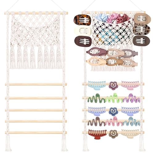 SNOWSTAR Macrame Hair Claw Clip Organizer,Large Capacity Mesh Bag Scrunchies Holder and Hair Ties Organizer for Women Girls,Hair Accessorie Hanging Storage Home Decor Wall,Door - Image 1