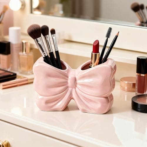 Bow Toothbrush Holder, 2-Slot Cute Bowtie Shaped Ceramic Bathroom Counter Organizer for Electric Toothbrushes, Toothpaste, Floss and Razors, Bathroom Decor Accessories, Pink thumbnail 9