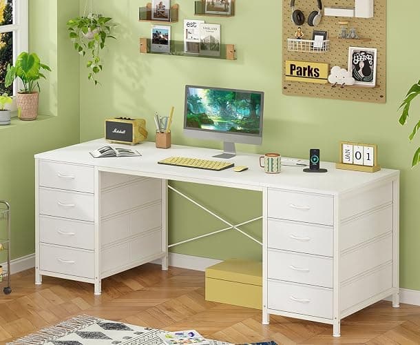 YOMILUVE 60 Inch Computer Desk with 8 Drawers, Home Office Desk with Power Outlets, Work Study Gaming Desk with 8 Fabric Drawers thumbnail 3