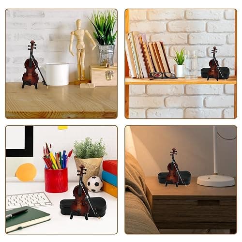 10CM Miniature Violin - Tiny Wooden Musical Instrument Model with Stand, Bow & Black Leather Case - Worlds Smallest Emergency Violin for Kids Gift & Decorating thumbnail 4