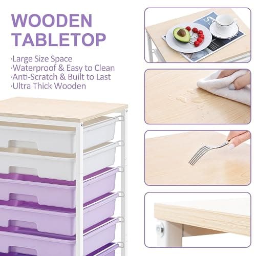SYKIARIOL Rolling Cart with Drawers,Utility Cart With 8 Drawers and Wooden Tabletop for Living Room,Classroom,Bedroom,Bathroom,Dorm,Office,Purple thumbnail 5