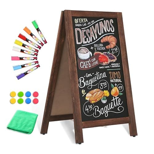AMUSIGHT Wooden A-Frame Sign, Magnetic 40" x 20" Brown Chalk Board Sign Board, Double-Sided Sandwich Board Signs Outdoor, Chalkboard Easel, Menu Board for Restaurant, Business or Wedding - Image 1