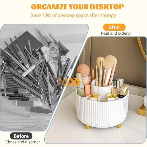 360° Drehbar Make up Organizer, Pinselhalter Kosmetik Aufbewahrung mit 5 Fächern, Aesthetic Schminktisch Organizers für Zimmer Decor Frisiertisch, Schlafzimmer,Badezimmer Organisation (Weiß) thumbnail 4