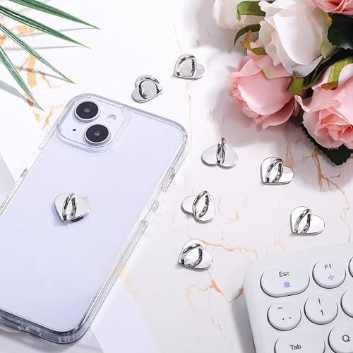 Gosknor 8pcs Heart Cell Phone Ring Holder, Cute Phone Charm Hooks Adhesive Smartphone Finger Ring Grip Sticky Metal Loop Stand for Cellphone Case Pad Tablet DIY Accessories (Silver) thumbnail 3