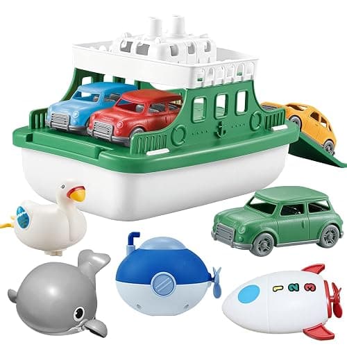 OKGIUGN Ferry Boat Toys Set with 4 Cars and 4 Wind Up Bath Swimming Toys, Kids Bath Toy Floating Vehicle Whales Submarines Swans Rockets, Bathtub Bathroom Pool Beach Toys for Toddlers Boys Girls Kids - Image 1