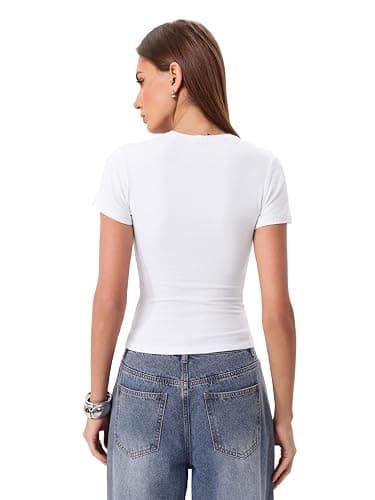 Danysu Womens Tops with Built in Bra Short Sleeve Fitted Crop T Shirt | No See Through, Bra Free, Seamless, Stretchy Breathable Cotton Jersey, Slim Fit, Going Out, Workout, Casual Cute Summer Top thumbnail 6