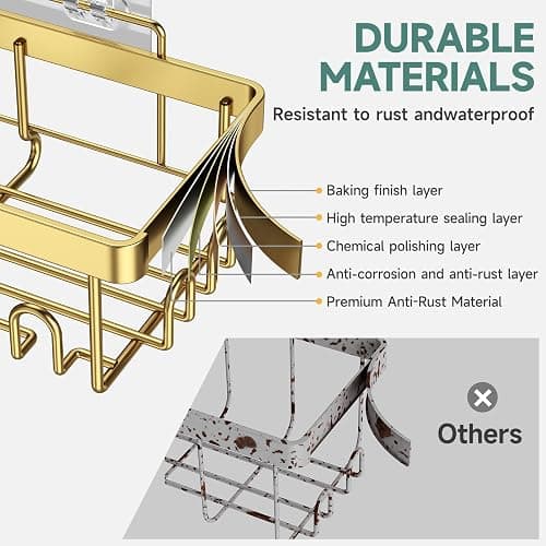 Veken Adhesive Shower Caddy 6-Pack,Gifts for Women Mom,Heavy Weight Bearing,Large Wall Mounted Bathroom Shelves Rack,Organizer Storage Accessories with Soap Dish&Toothbrush Holder,Bright Gold thumbnail 4