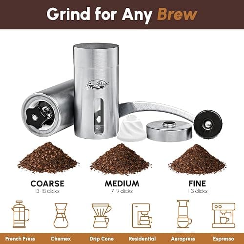 JavaPresse Manual Stainless Steel Coffee Grinder - 18 Adjustable Settings, Portable Conical Burr Grinder for Camping, Travel, Espresso - With Hand Crank thumbnail 3