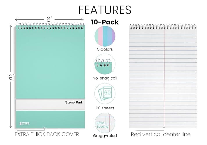 Better Office Products Steno Pads Spiral 6x9, 10 Pack, Gregg Ruled, 80 Sheets, Assorted Pastel Covers, Steno Notebooks Top Spiral for Note Taking thumbnail 3