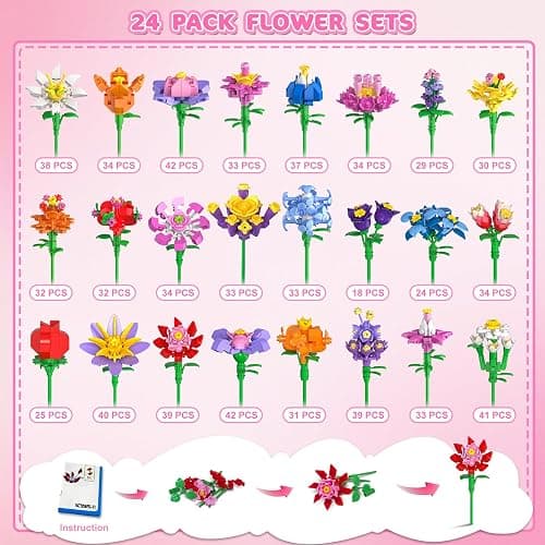 24 Pack Flowers Valentines Party Favors for Kids Building Set - 789PCS Flowers 3.6MM Mini Building Block Toy for Valentines Day Classroom Prize Stocking Stuffer Birthday Return Gift for Girl Boy 6+ thumbnail 6