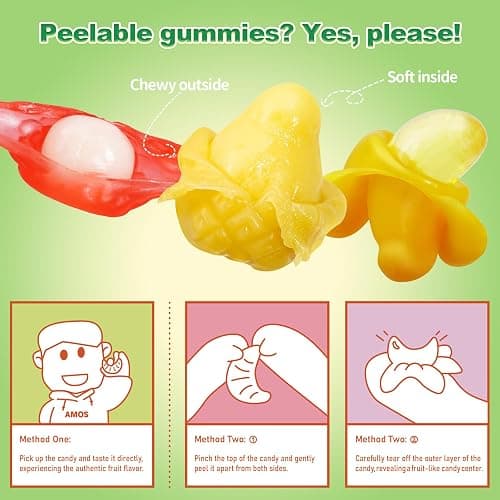 AMOS Peelerz Exotic Fruit Peelable Gummy Candy – 5 Fruit Flavors (Mango, Peach, Banana, Pineapple, Lychee), 8.47oz (240g), Individually Wrapped thumbnail 5