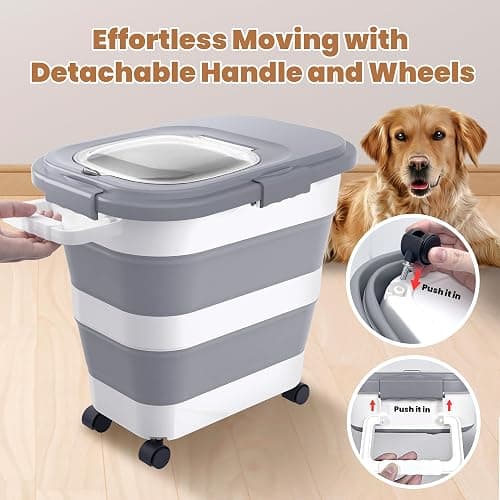 DDMOMMY 23-25 Lbs Airtight Dog Food Storage Container,Collapsible Dog Food Container with Lid,Wheels,Handle,Large Pet food storage Container with Scoop,Small Food Container for Dog Cat thumbnail 6
