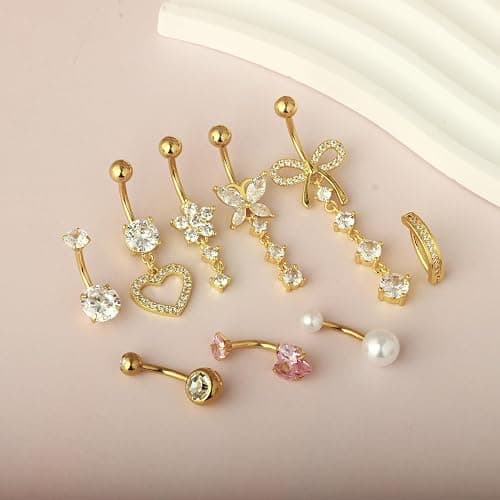 14G Belly Button ring Dangle Belly Rings Surgical Stainless Steel Cute Bow Butterfly Heart Flower Dangling Belly Button Piercing Jewelry For Women Silver Dainty Dangly Navel Ring thumbnail 6