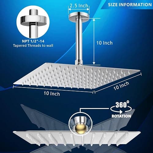 Voolan Rain Shower Head with Arm and Flange, High Flow Ceiling Rainfall Showerhead Made of All Metal Stainless Steel, Waterfall Full Body Coverage (10 Inch, Chrome) thumbnail 2