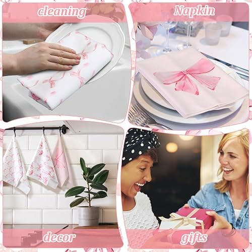 Macarrie 4 Pcs Coquette Kitchen Towels Microfiber,Pink,Bow | Ideal for Drying Cleaning Dishes, Decorative Farmhouse Style, Soft Absorbent Hand Towel Set, Cute Design, Housewarming Gift thumbnail 7