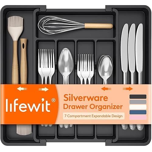 Lifewit Expandable Silverware Organizer, Plastic Utensil Tray for Kitchen Drawer, BPA Free Flatware Cutlery Holder, Space-Saving Storage for Spoons Forks Knives, 8.5-14 x 12 x 1.5 inch, Black - Image 1