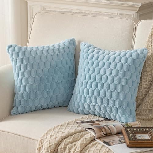 MANDIOO Pack of 2 Light Blue Super Soft Plush Fluffy Decorative Throw Pillow Covers 18x18 inch Faux Fur Wool Velvet Cushion Covers Pillow Cases Couch Sofa Bed Living Room thumbnail 2