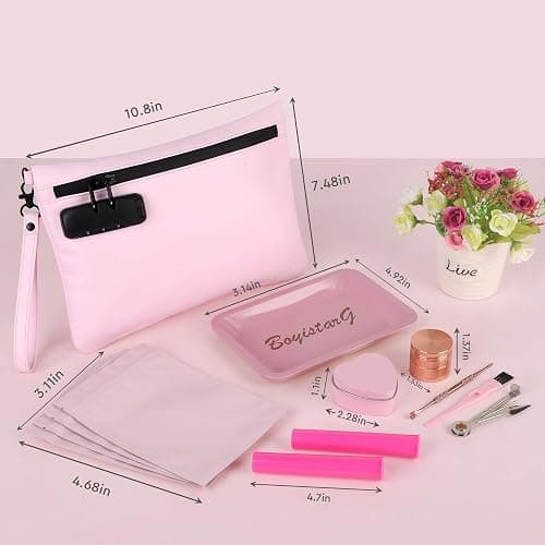 BOYISTARG PU Leather Gift Smell Proof Storage Bags with 8 Items - Waterproof Large Smell Proof Pouch with Combination Lock - Travel Storage Case for Women or Men -Pink thumbnail 3