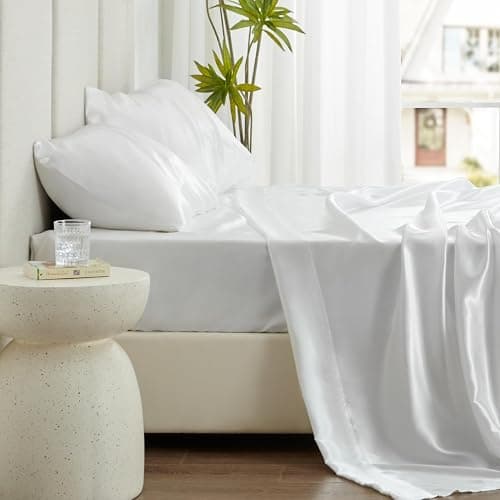 Love's cabin Twin XL Satin Sheet Sets - 3 Piece White Silky Bed Sheets with Deep Pockets, Luxury Silk Feel Satin Sheet Set Twin XL (1 Flat Sheet,1 Fitted Sheet,1 Pillow case) thumbnail 8