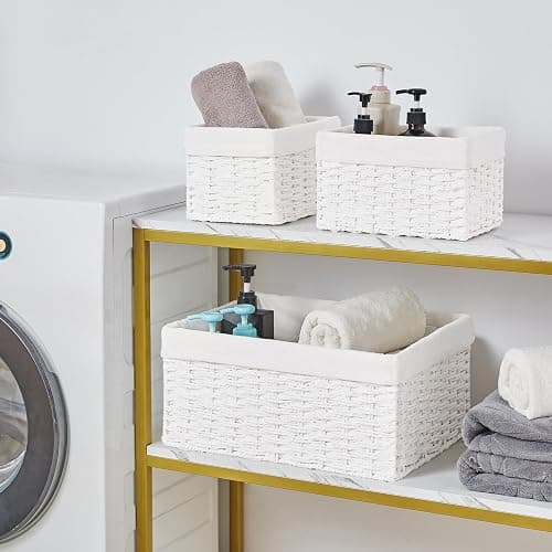 Vagusicc Wicker Basket, Set of 3 Hand-woven Storage Baskets for Organizing, Decorative Rectangle Wicker Storage Basket Bins with Handles, Small Toilet Paper Storage Baskets for Shelves & Decor, White thumbnail 5
