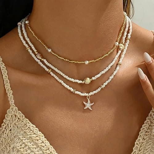 Shell Starfish Necklace for Women, 14k Gold Plated Boho Layered Beaded Charm Pendant Necklace, Dainty Adjustable Pearl Conch Summer Beach Vacation Jewelry Gifts thumbnail 2