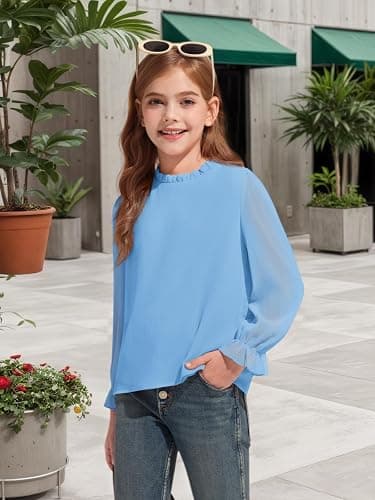 Haloumoning Girls Long Sleeve Shirts Chiffon Blouses Kids Cute Puff Sleeve Ruffle Mock Neck Casual Tops 5-14 Years thumbnail 4