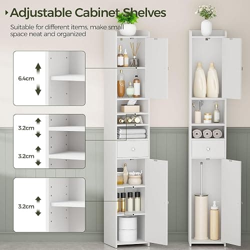 Tall Bathroom Cabinet, Slim Storage Cabinet with Adjustable Shelve 30×180cm | Bathroom Storage Unit Narrow Cupboard, Corner cabinet freestanding Anti-Tip Adjustable Removable Shelf Wood Modern Drawers thumbnail 4