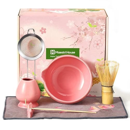 Maestri House Pink Matcha Whisk Set, 7-Pc Complete Matcha Kit with Spouted Ceramic Bowl, Bamboo Whisk and Holder, Scoop, Spoon Rest & Sifter, Tea Cloth – Ideal Gift for Matcha Lovers (Pink) - Image 1