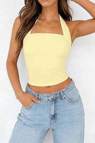 ForeFair Womens Backless Halter Tops Going Out Double Lined Crop Tank Top Open Back Sleeveless Slim Fit Y2k Summer Tops thumbnail 4