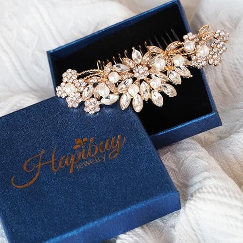 Hapibuy Crystal Wedding Hair Comb Bridal Hair Comb with Pearl Wedding Headpiece for party wear Golden Hair Accessory thumbnail 7