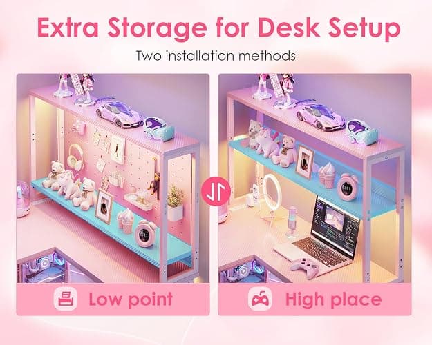 AODK L Shaped Desk Gaming Desk with LED Light & Power Outlet, 53 Inch Reversible L Shaped Computer Table with Shelf & Storage Bag & Hook for Home Office, Pink thumbnail 4