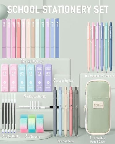 Four Candies 39 PCS Aesthetic School Supplies with Cute Pen Case, 12 Pastel Highlighters, 5 Black Ink Gel Pens, 6 Mechanical Pencils Set 0.5 & 0.7 mm for Students Stationery College Essentials (Green) thumbnail 6