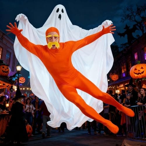 Orange Jumpsuit Women Men Halloween Costume Slim Fit Yellow Bodysuit with Mustache and Eyebrows Stretch Funny Cosplay Clothes thumbnail 2