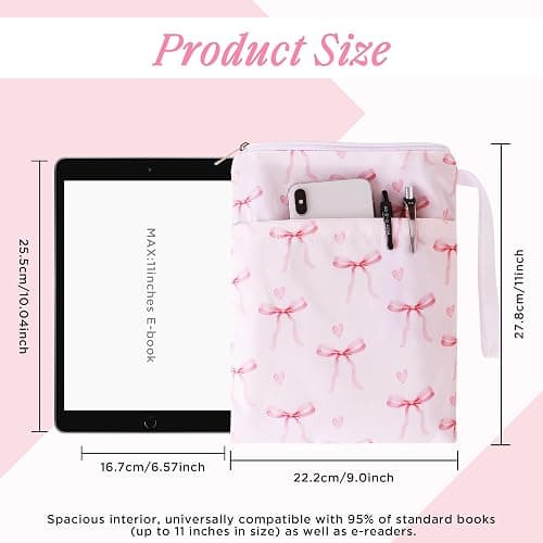 Book Sleeve with Zipper, 11''x 9'' Waterproof Paperback Sleeve for Book Lovers Books Pouch Cover with Handle for Hardcovers Kindle Sleeve for Reader Teacher Women (Light pink bow tie, 11x 9 inch) thumbnail 3