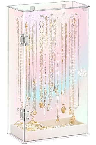 Iridescent Acrylic Necklace Holder, Necklace Organizer with 24 Rotatable Hooks, Rainbow Jewelry Organizer Display Box with Velvet Tray for Long Necklaces Pendant Bracelets Rings Earrings - Iridescent