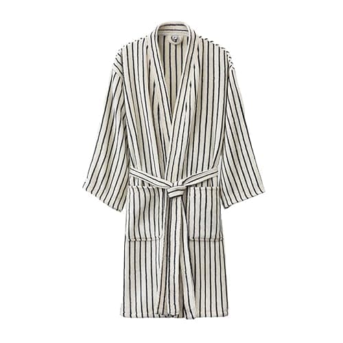 Striped Terry Cloth Robe for Women Men, Soft Cotton Towel Kimono Bathrobe with Pockets, Knee-Length Spa Hotel Loungewear - Image 1