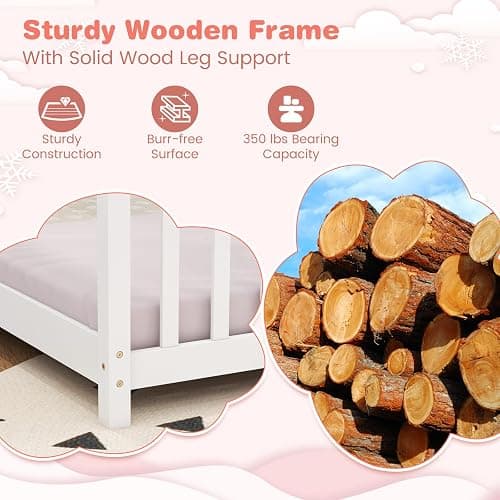GORELAX Twin Size Floor Kid House Bed with Roof & Wooden Slats | Montessori Floor Bed, No Box Spring Needed, Wood Twin Size Platform Bed Frame for Boys, Girls (White, Twin) thumbnail 3