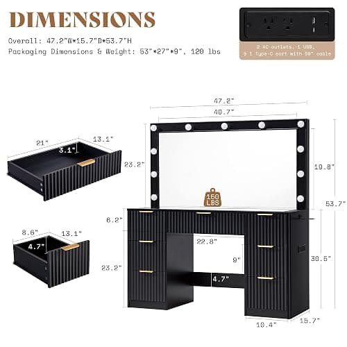 AMERLIFE 47.2" Fluted Vanity Desk with Large Mirror and Adjustable LED Lights, 7 Drawers Large Makeup Vanity Table with Glass Top and Charging Station for Women and Girls, Bedroom or Dorm, Black thumbnail 2