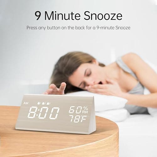 Digital Alarm Clock, with Wooden Electronic LED Time Display, 3 Alarm Settings, Humidity & Temperature Detect, Wood Made Electric Clocks for Bedroom, Bedside, Desk, White - White thumbnail 4