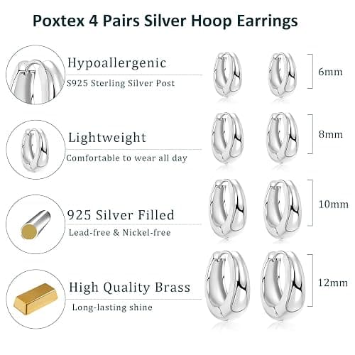 Poxtex Thick Silver Chunky Huggie Hoop Earrings for Women, Hypoallergenic Small Sterling Silver Cartilage Hoops Stacks, 14K Gold Plated Lightweight Dainty Jewelry Set for Multiple Piercings 6/8/10/12mm thumbnail 8