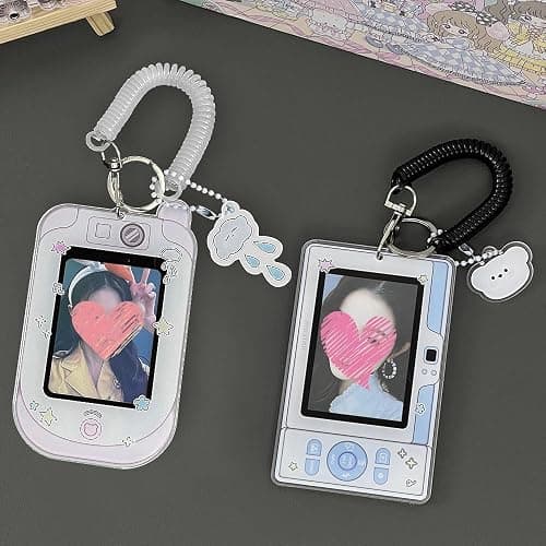2 Pcs Cartoon Photocard Holder ID Badge Holder,3 Inch Photo Card Holder Id Card Holder Protective Sleeves Photocards Holder,Cute Photocard Holder Keychain Cloud Bear Pendant with Spiral Wrist Coil thumbnail 2