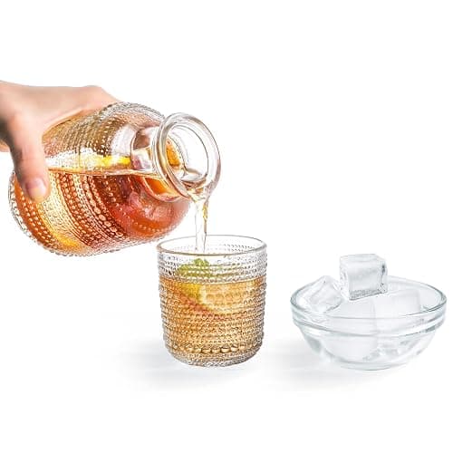 ZOOFOX Set of 2 Vintage Bedside Water Carafe and Glass Set, Clear Embossed Night Water Carafe with Tumbler Glasses, Elegant Pitcher and Matching Drinking Glass, Easy-Access for the Night thumbnail 4