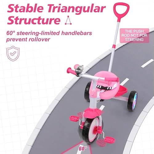 Liberry 2 in 1 Toddler Tricycle Age 2 3 4 Years Old, Kids Trike with Light Up Wheels, Adjustable Push Handle, 3 Wheel Bike Outdoor Indoor Riding Toy Gift for Girls Boys, Pink thumbnail 6