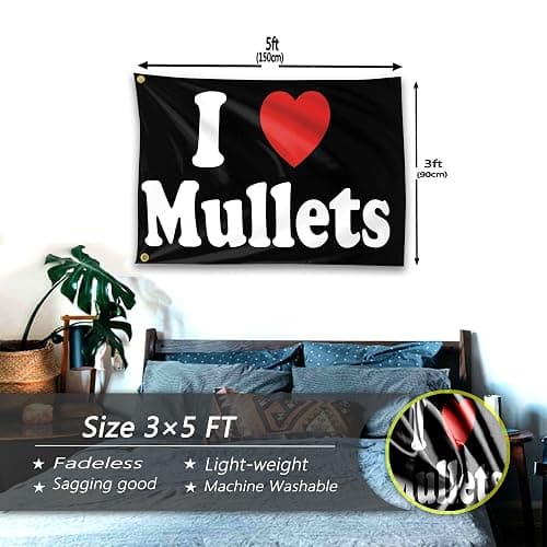 I Love Mullets Flag 3x5 Ft Funny Man Cave Wall I Heart Mullets Flag for Room Teen Girls Indoor Outdoor Bedroom and College Dorm Wall Decor Banner Tapestry Gifts thumbnail 3