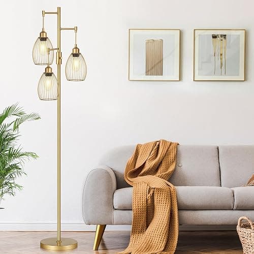 Dimmable Floor Lamp, Industrial Floor Lamps for Living Room, Gold Tree Lamp Standing Lamp Tall Lamps with 3 Elegant Teardrop Cage Head & 800 Lumens LED Bulbs for Living room Bedroom Office Dining Room thumbnail 5