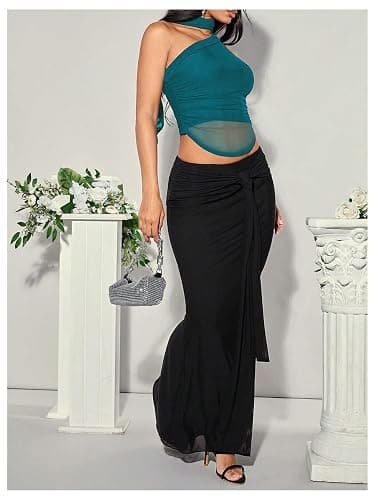 MakeMeChic Women's Halter Scarf Sexy Sheer Mesh Tops Ruched Off Shoulder Asymmetrical Neck Crop Tank Top Going Out Clubwear thumbnail 5