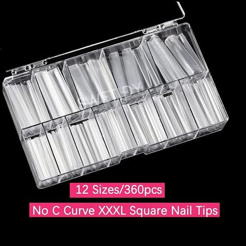 No C Curve 3XL Long Square Nail Tips for Acrylic Nails Professional, SWETIDY 360PCS Clear Straight Flattened Half Cover False Nails Tips with Case for Nail Salons and Home DIY, 12 Sizes thumbnail 2