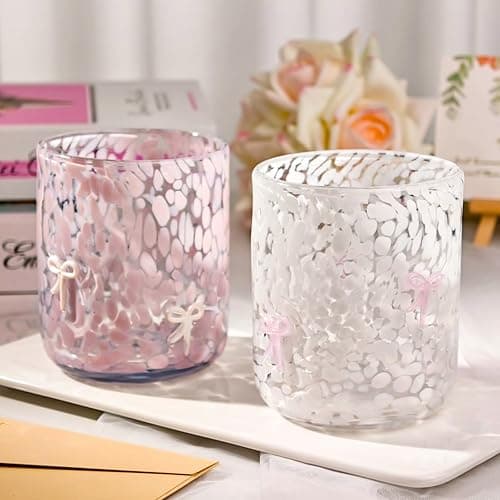 Yoiemivy 2 Pack Bow Icon Juice Glasses Coquette Aesthetic Glass Cups 14 oz Double Old Fashioned Icon Handblown Stemless Wine Glasses Cute Pink Glass Drinking Cups for Party Supplies Gifts thumbnail 2